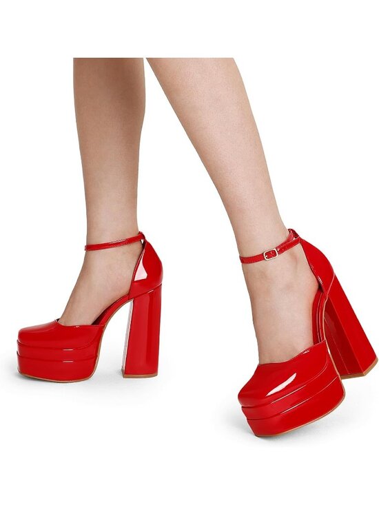 Women’s Red Faux Leather High Chunky Platform Square Toe Ankle Strap Heels